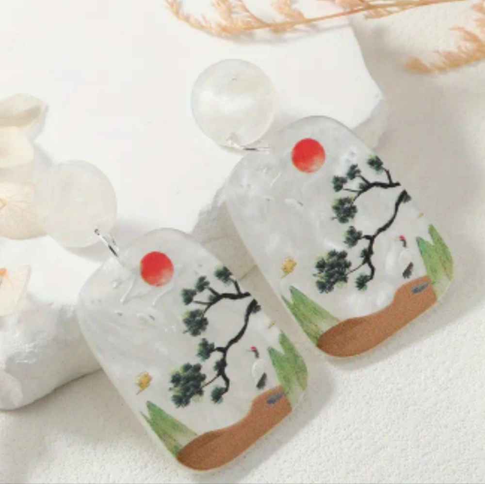BRAND NEW ** JUST LISTED ** BEAUTIFUL ORIENTAL THEMED LANDSCAPE DROP EARRINGS